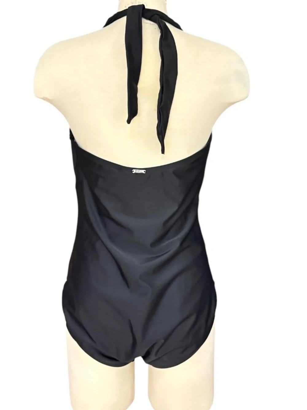 DKNY Black One Piece Halter Swimsuit L Shelf Bra Minimalist Vintage Modest Ruch - Picture 4 of 15